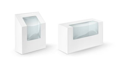 Vektör ayarla, beyaz boş almak uzakta kutuları için sandviç, gıda, Hediyelik, diğer ürünleri plastik pencere alay göl kenarında yukarıya ile