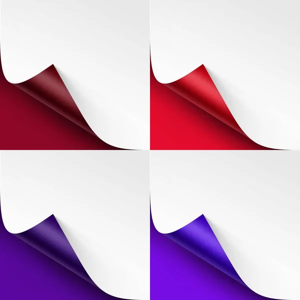 Ensemble vectoriel de coins bouclés colorés de papier blanc avec ombre maquette Gros plan isolé sur rouge vif écarlate vineux violet outremer indigo fond — Image vectorielle