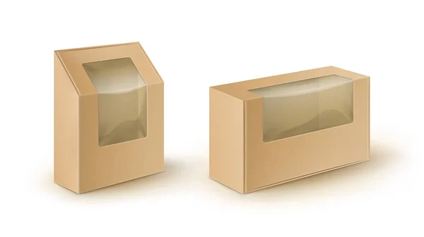 Vektorové Sada hnědá prázdné kartonové obdélník odnést krabic balení sendvič, jídlo, dárky s plastové okno — Stockový vektor