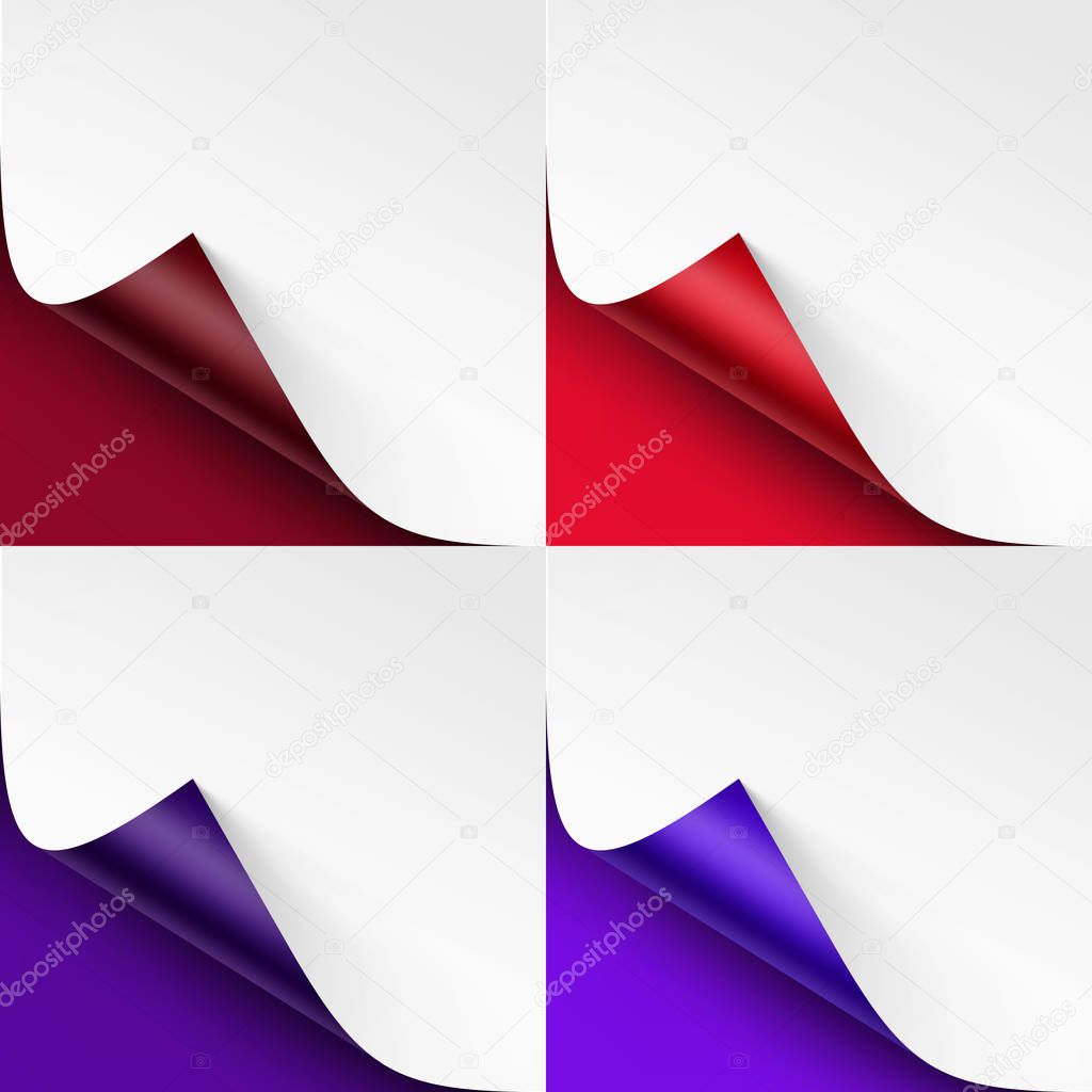 Vector Set of Curled Colored Corners of White Paper with Shadow Mock up Close up Isolated on Bright Red Scarlet Vinous Purple Violet Ultramarine Indigo Background