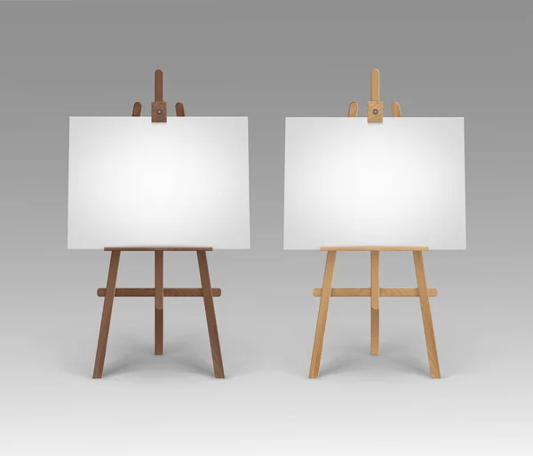Ensemble vectoriel de chevalets de Sienne brun en bois avec des toiles horizontales vides maquillées sur fond — Image vectorielle