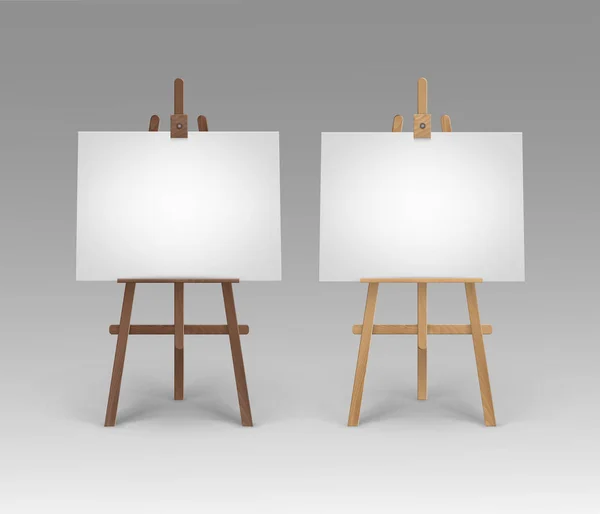 Vector Set of Wooden Brown Sienna Easels with Mock Up Empty Blank Horizontal Canvases on Background — Stock Vector