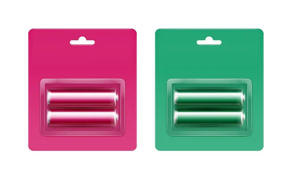 Vector ställa av rosa Magenta grönt glansigt alkaliska Aa-batterier i rosa Magenta grön Blister förpackade för branding närbild isolerade på vit bakgrund — Stock vektor