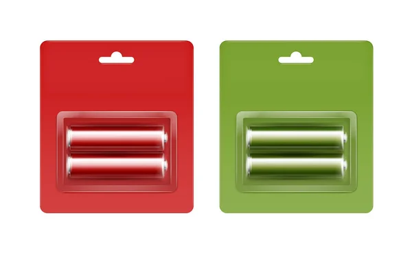 Conjunto de Vetores de Baterias Alcalinas Alcalinas Alcalinas Verde Vermelho AA em Blister Verde Vermelho Embalado para branding Close-up Isolado em Fundo Branco — Vetor de Stock