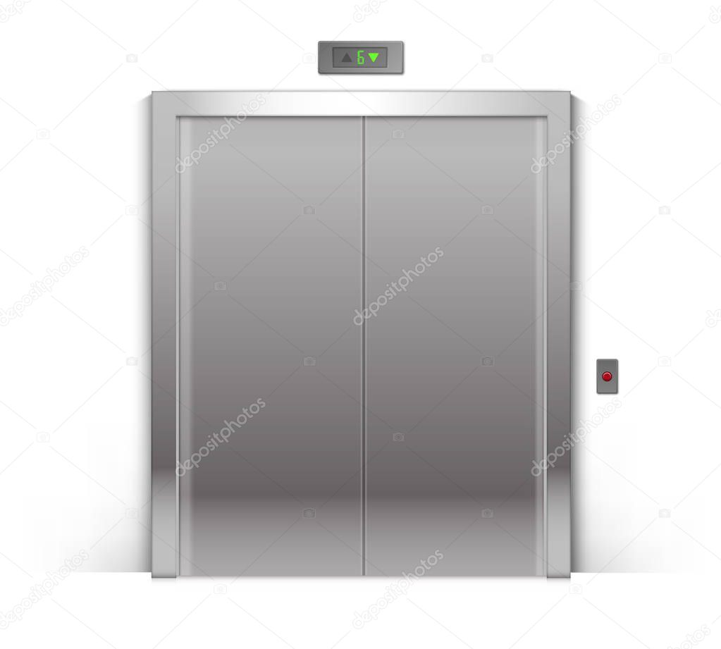 Realistic Closed Chrome Metal Office Building Elevator Doors Isolated on Background