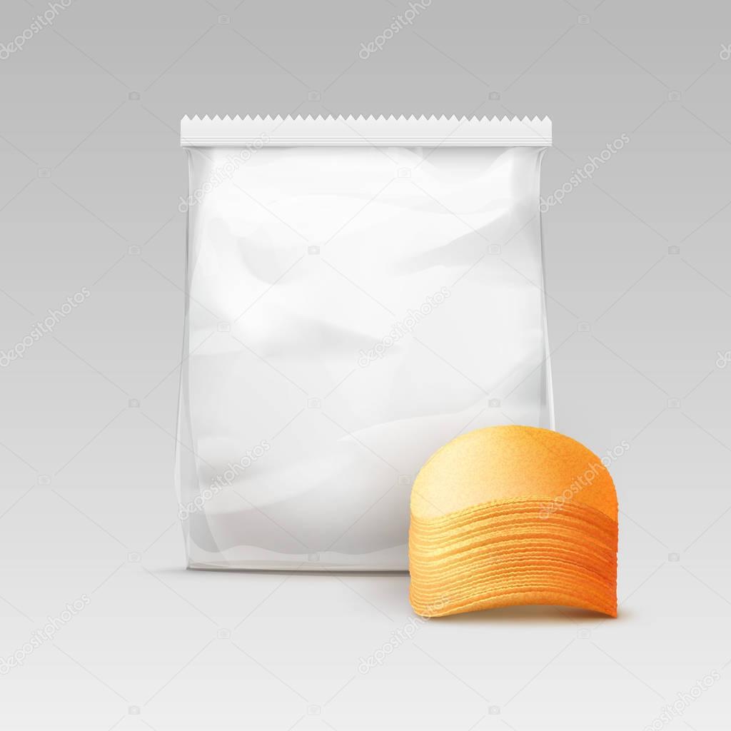 Vector White Vertical Sealed Transparent Plastic Bag for Package Design with Stack of Potato Crispy Chips Close up Isolated on White Background