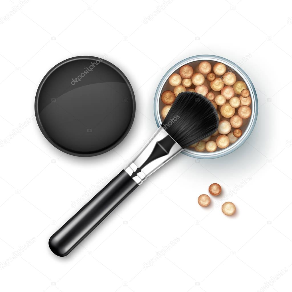 Vector Open Bronzing Pearls box with Black Cap Rouge Balls with Makeup Brush Applicator Isolated on White Background