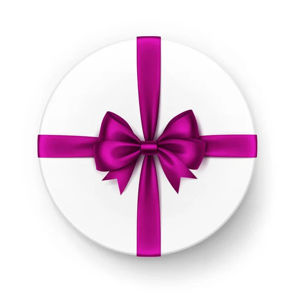 Vector witte ronde Gift Box met glanzende Magenta donker roze paars Satin Bow en lint Top View close-up geïsoleerd op witte achtergrond — Stockvector