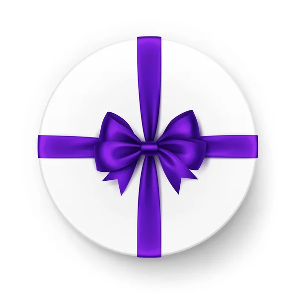 Vector witte ronde Gift Box met glanzende Violet paars Satin Bow en lint Top View close-up geïsoleerd op witte achtergrond — Stockvector