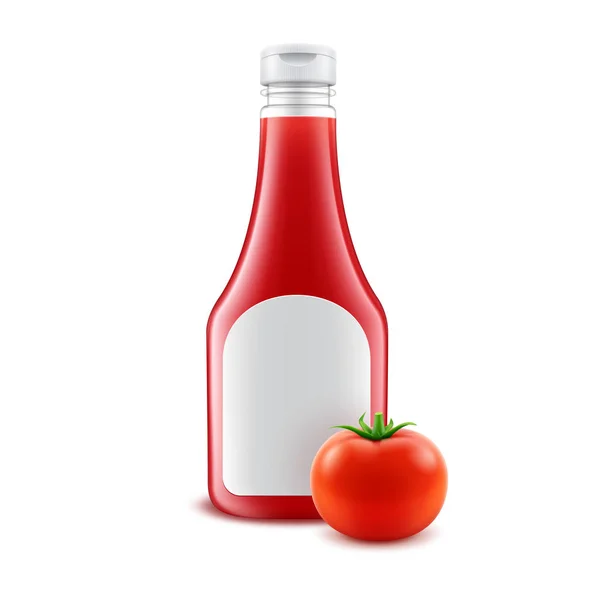 向量集的玻璃塑料红番茄番茄酱瓶坯品牌与白色标签和新鲜番茄孤立在白色背景上 — 图库矢量图片