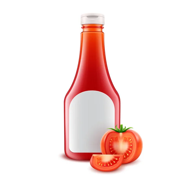 Set de Vectores de Botella de Ketchup de Tomate Rojo de Plástico en Blanco para Branding con Etiqueta Blanca y Tomates Frescos Cortados Aislados sobre Fondo Blanco — Vector de stock