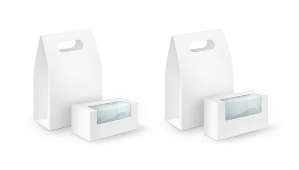 Vektor-Set aus weißem Karton zum Mitnehmen Brotdosen für Sandwich, Lebensmittel, Geschenk, Produkte auf weißem Hintergrund — Stockvektor