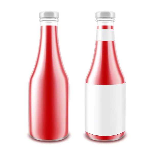 对品牌没有与孤立的白色背景上的白色标签空白玻璃光泽红番茄番茄酱瓶一套 — 图库矢量图片