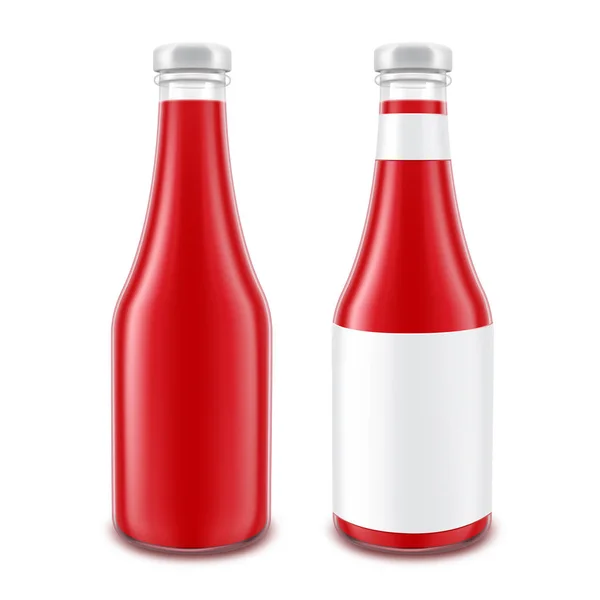 Ensemble vectoriel de bouteille de ketchup de tomate rouge en verre blanc pour l'image de marque sans étiquette blanche isolée sur fond — Image vectorielle
