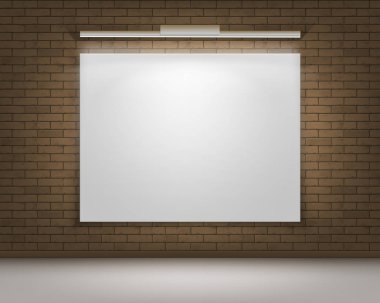 Vektör boş boş beyaz Poster resim çerçevesi üzerinde kahverengi gri tuğla duvar zemin ve aydınlatma açık Manzaralı
