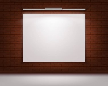 Boş boş beyaz sahte Poster resim çerçevesi zemin ve aydınlatma açık manzaralı kırmızı tuğla duvara kadar