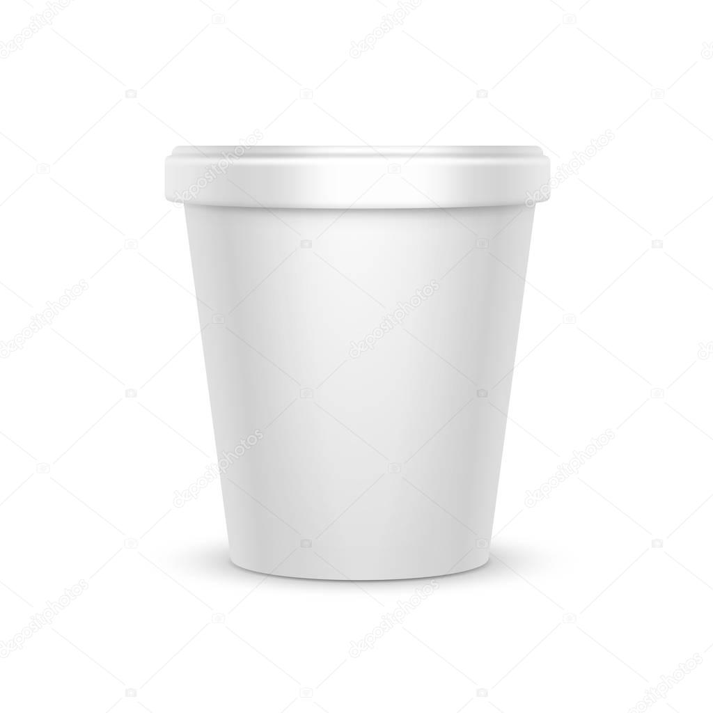 Vector White Blank Food Plastic Tub Bucket Container For Dessert, Yogurt, Ice Cream, Sour Cream for Package Design Mock Up Close up Side View Isolated on White Background