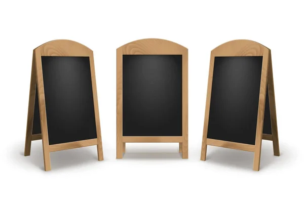 Set vettoriale di legno vuoto vuoto pubblicità Street Sandwich Stand Sidewalk Signs Black Menu Boards su sfondo bianco — Vettoriale Stock