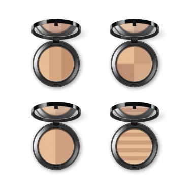 Yüz kozmetik makyaj pudrası yuvarlak beyaz arka planı yansıtmadaki ile plastik kutu siyah vektör kümesi