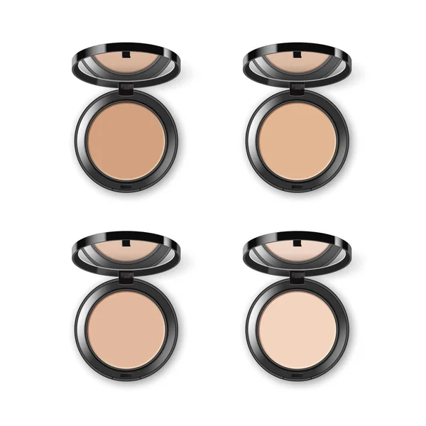 Vektor-Set verschiedener Kosmetik-Make-up-Puder im schwarzen runden Kunststoffetui mit Spiegel-Draufsicht — Stockvektor