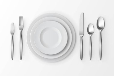 Vektör çatal bıçak seti gümüş çatal kaşıklar ve beyaz zemin üzerine plakalar en iyi manzaralı bıçaklar. Tablo ayarı