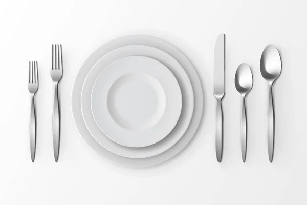 Set di posate vettoriali di cucchiai e coltelli con forchette in argento e piatti Vista dall'alto su sfondo bianco. Impostazione tabella — Vettoriale Stock