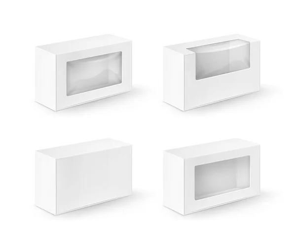 Conjunto vectorial de rectángulo de cartón blanco para llevar cajas de embalaje para sándwich, comida, regalo, otros productos con ventana de plástico Mock up Close up Aislado sobre fondo blanco — Archivo Imágenes Vectoriales