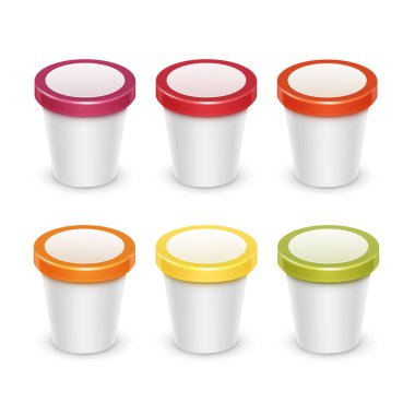 Vektör ayarla, beyaz renkli kırmızı yeşil turuncu sarı boş gıda plastik küvet kova konteyner için meyve Berry tatlı yoğurt dondurma için tasarım paketi alay Isolated beyaz zemin üzerine kadar yakından