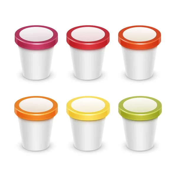 Set vettoriale di bianco colorato rosso verde arancio giallo vuoto contenitore per secchio di plastica alimentare per gelato allo yogurt al bacca di frutta per il design del pacchetto — Vettoriale Stock