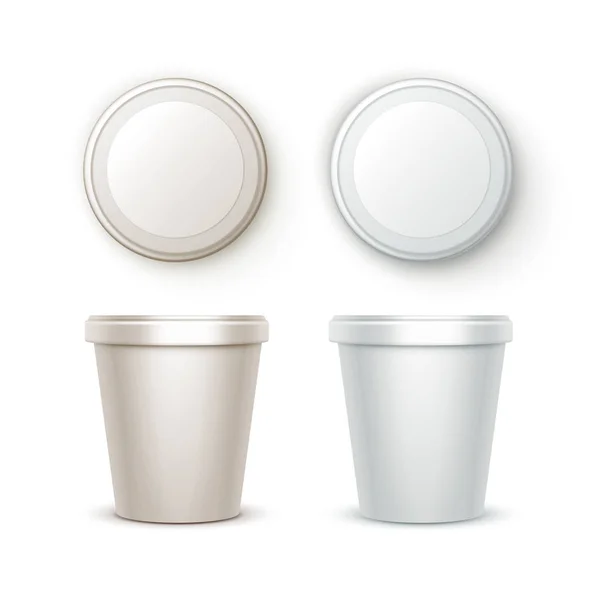 Set vettoriale di contenitore per secchiello in plastica bianca per alimenti vuoti per dessert, yogurt, gelato, panna acida con etichetta per il design del pacchetto — Vettoriale Stock