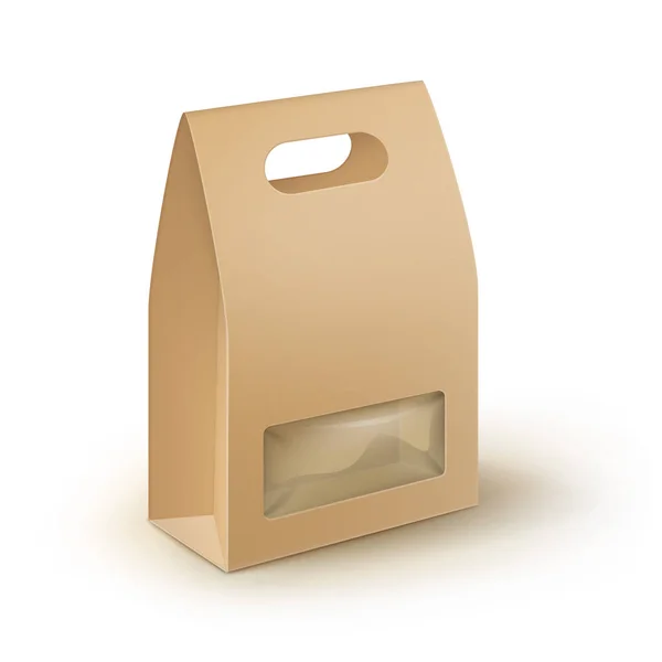 Vektor braun leere Pappe Rechteck zum Wegnehmen Griff Lunchbox Verpackung für Sandwich, Lebensmittel, Geschenk, andere Produkte mit Kunststoff-Fenster-Attrappe Nahaufnahme isoliert auf weißem Hintergrund — Stockvektor