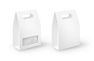 Ayarla, beyaz boş karton dikdörtgen almak uzakta ele öğle kutular ambalaj için sandviç, gıda, Hediyelik, diğer ürünleri plastik pencere sahte Isolated beyaz zemin üzerine kadar yakından ile vektör