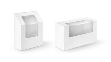 Ayarla, beyaz boş karton dikdörtgen almak uzakta kutular ambalaj için sandviç, gıda, Hediyelik, diğer ürünleri plastik pencere alay Isolated beyaz zemin üzerine kadar yakından ile vektör