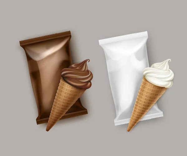 Conjunto de vectores de blanco clásico y chocolate suave servir helado Waffle Cono con Brown envoltura de lámina de plástico blanco para el diseño de paquetes de Branding primer plano aislado en el fondo — Vector de stock