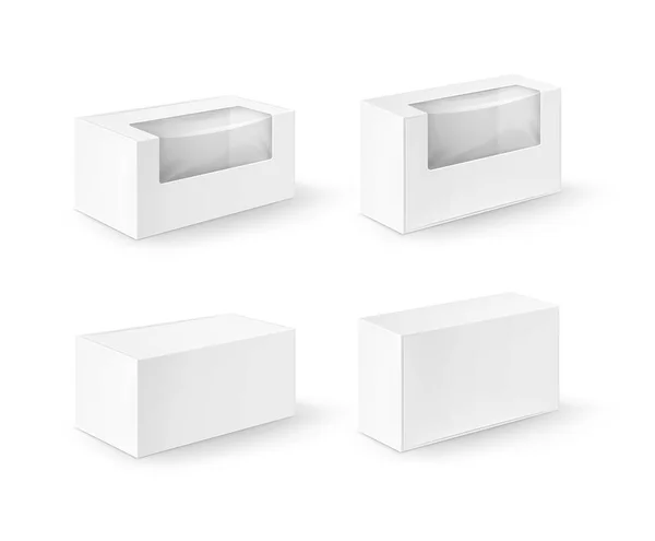 Conjunto vectorial de rectángulo de cartón blanco para llevar cajas de embalaje para sándwich, comida, regalo, otros productos con ventana de plástico Mock up Close up Aislado sobre fondo blanco — Vector de stock