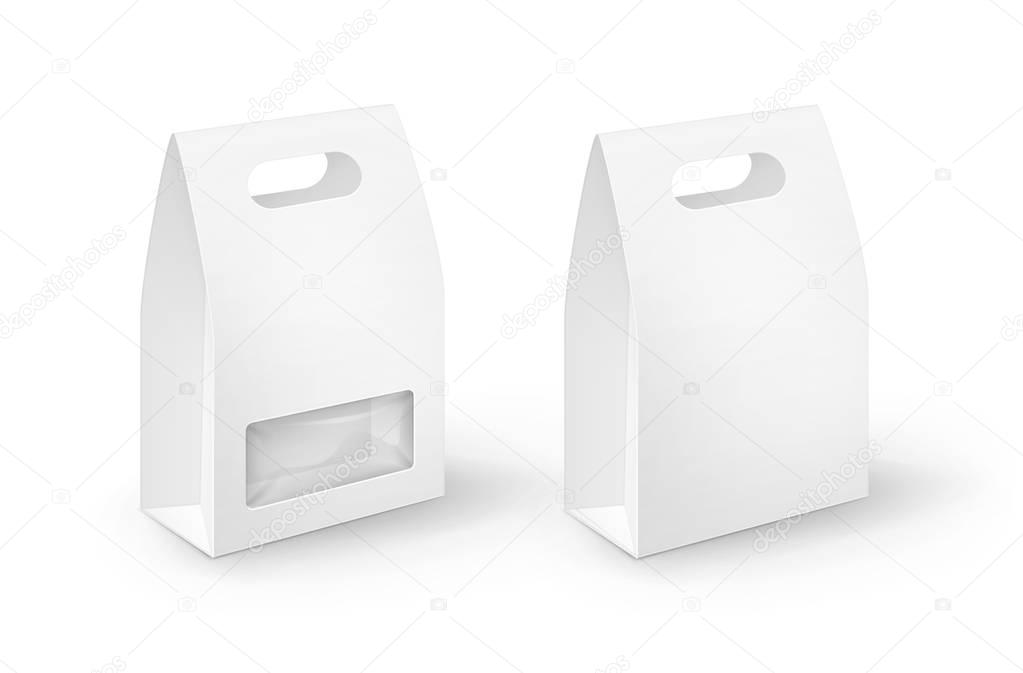 Vector Set of White Blank Cardboard Rectangle Take Away Handle Lunch Boxes Packaging For Sandwich, Food, Gift, Other Products with plastic windows Mock up Close up Isolated on White Background