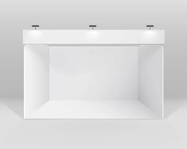 Stand espositivo indoor bianco vettoriale stand standard per la presentazione con riflettori isolati sullo sfondo — Vettoriale Stock
