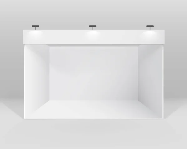 Suporte padrão da cabine da exposição comercial interna do branco do vetor para a apresentação com holofotes isolados no fundo — Vetor de Stock