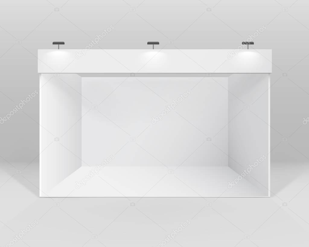 Vector White Blank Indoor Trade exhibition Booth Standard Stand for Presentation with Spotlight Isolated on Background