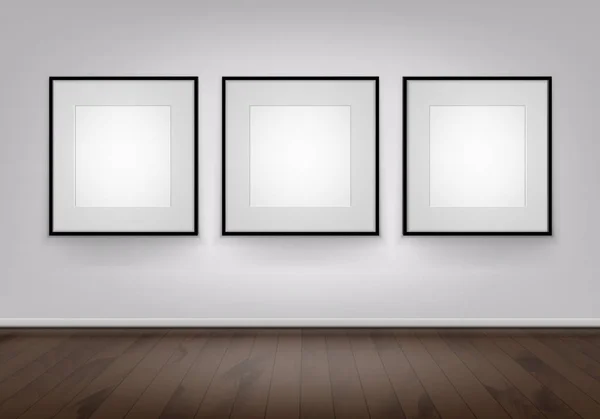 Tres Vector vacío blanco Mock Up afiches imágenes marcos negros en la pared con vista frontal de madera marrón piso — Vector de stock