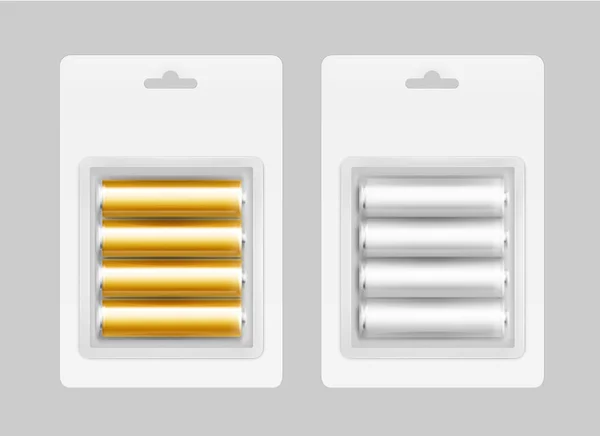 Ensemble vectoriel de quatre piles alcalines AA blanches argentées gris or jaune brillant en blister blanc emballées pour l'image de marque Fermer Isolé sur fond — Image vectorielle