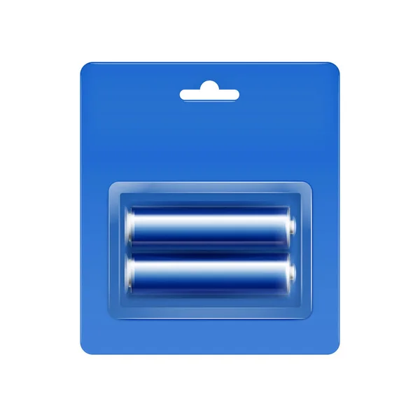 Batterie AA alcaline lucide blu ciano vettoriale in blister blu ciano confezionato per il marchio Close up isolato su sfondo bianco — Vettoriale Stock