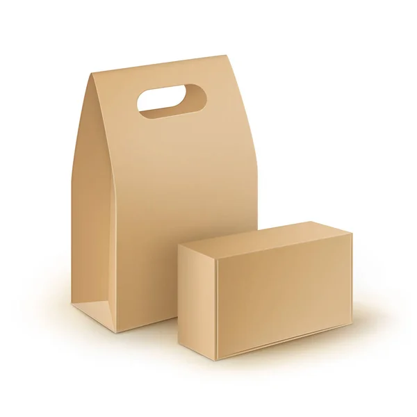 Векторный набор коричневый пустой картонный прямоугольник Унести ручка ланч коробки Упаковка для бутербродов, продуктов питания, подарков, других продуктов макет крупным планом изолированы на белом фоне — стоковый вектор
