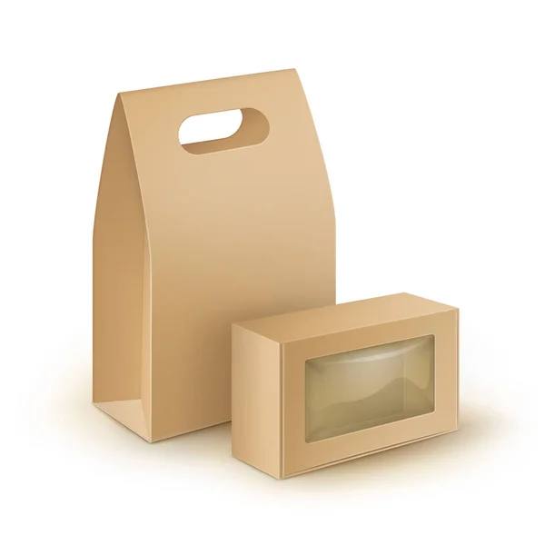 Ayarla, Brown boş karton dikdörtgen almak uzakta ele öğle kutular ambalaj için sandviç, gıda, Hediyelik, diğer ürünleri plastik pencere sahte Isolated beyaz zemin üzerine kadar yakından ile vektör — Stok Vektör