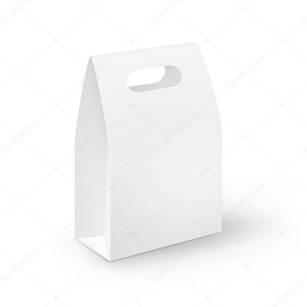 Vector White Blank Cardboard Rectangle Take Away Handle Lunch Box Packaging For Sandwich, Food, Gift, Other Products