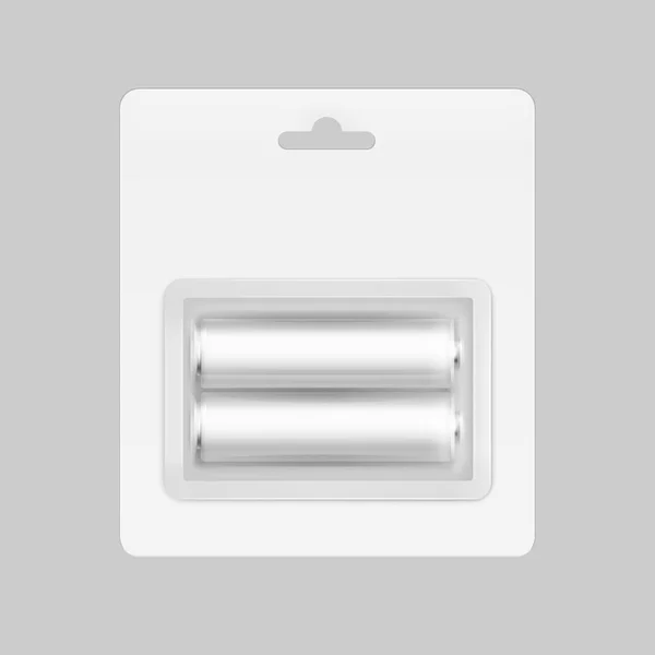 Batterie AA alcaline lucide grigio argento bianco vettoriale in blister bianco confezionate per il marchio Close up isolate sullo sfondo — Vettoriale Stock
