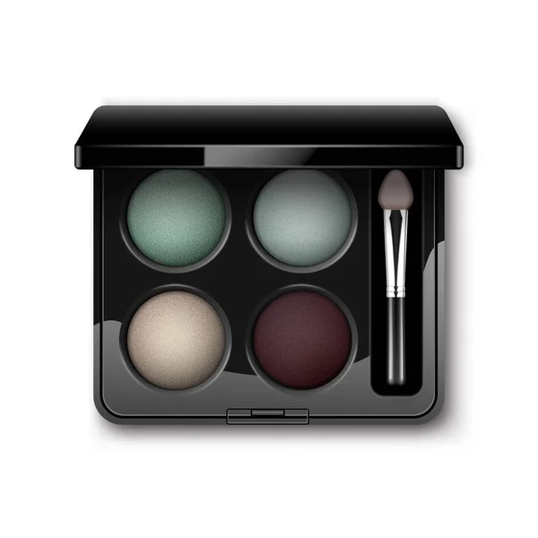 Vector Redondo Multicolor Pastel Luz Crema Azul Turquesa Oscuro Vinoso Sombras de Ojos en Negro Rectangular Caja de plástico con Maquillaje Cepillo Aplicador Vista superior Aislado sobre fondo blanco — Vector de stock