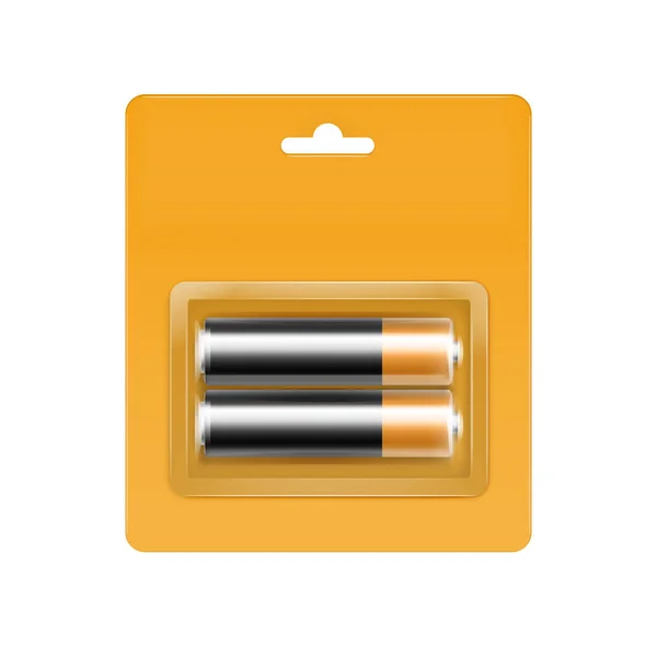 Batterie AA alcaline lucide dorate nere vettoriali in blister giallo imballate per il marchio Close up isolate su sfondo bianco — Vettoriale Stock