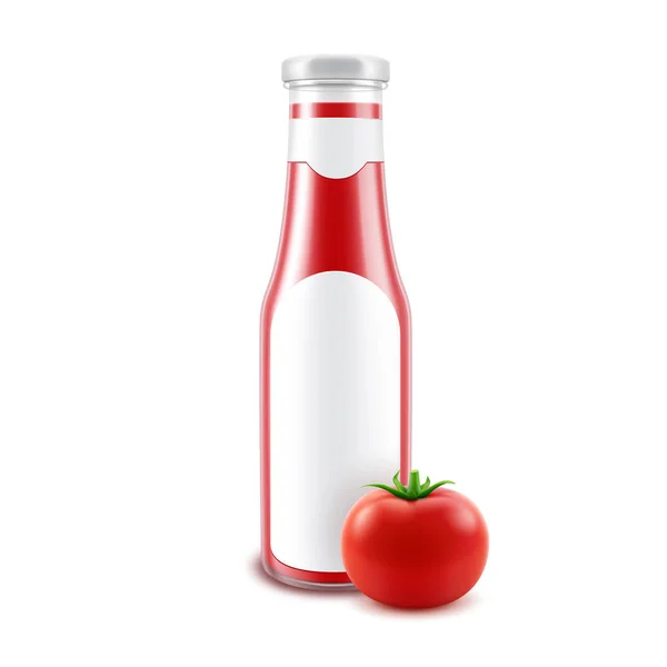矢量空白玻璃光泽红番茄番茄酱瓶标签和新鲜番茄在白色背景下分离 — 图库矢量图片