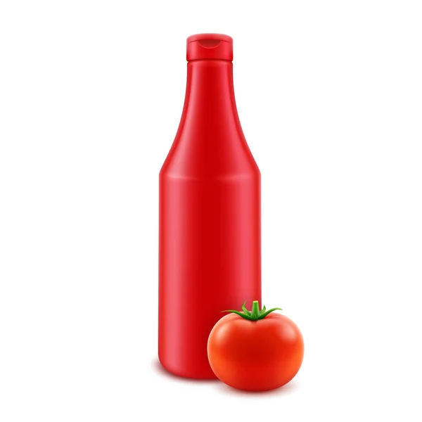 矢量空白塑料番茄番茄酱瓶在背景下无标签与新鲜西红柿隔绝的品牌 — 图库矢量图片